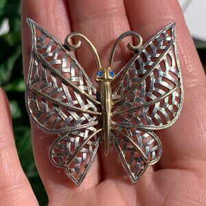 Vtg Avon Butterfly Silver & Gold Brooch with Blue Rhinestone NWOT